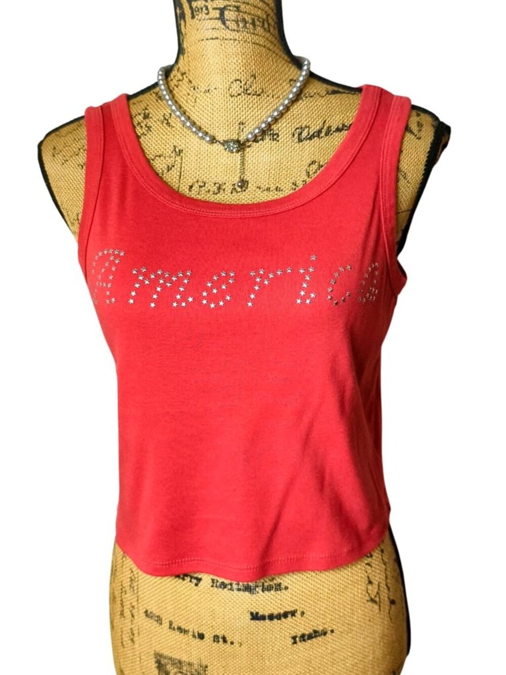 Grayson/Threads Womens L USA Red Tank Top "America" Embellished Patriotic Slvlss